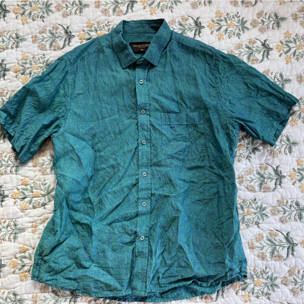 Men's Teal Short-sleeve Button-Up Shirt